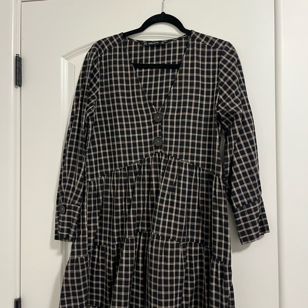 Zara Black and Cream Checkered Long Sleeve Dress